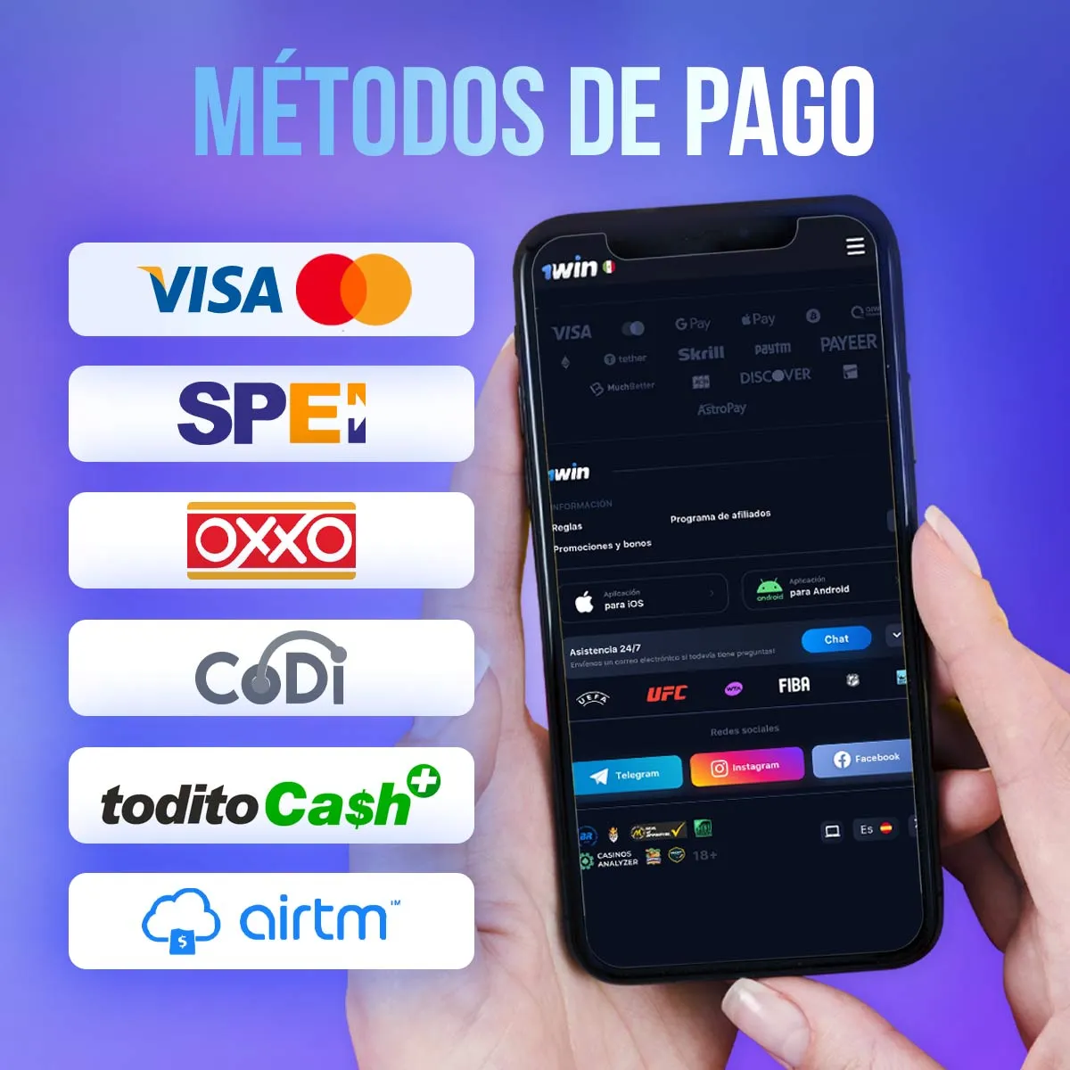 Todos los métodos de pago en la app móvil de 1win en México